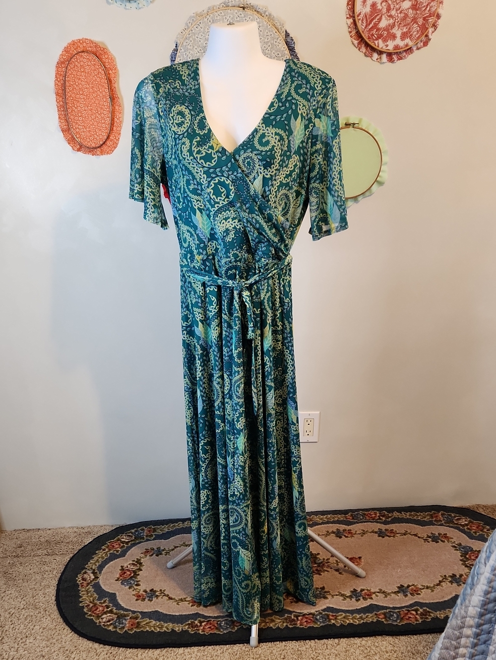 Teal Paisley Wrap Maxi Dress with Tie Waist